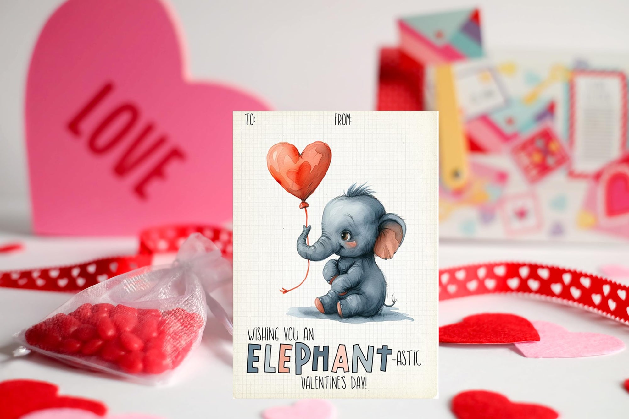 Watercolor Elephant Themed Valentine's Day Classroom Sharing Card Set of 24, Assorted Valentine Designs - Sending you a BIG Hug, Love you TONS