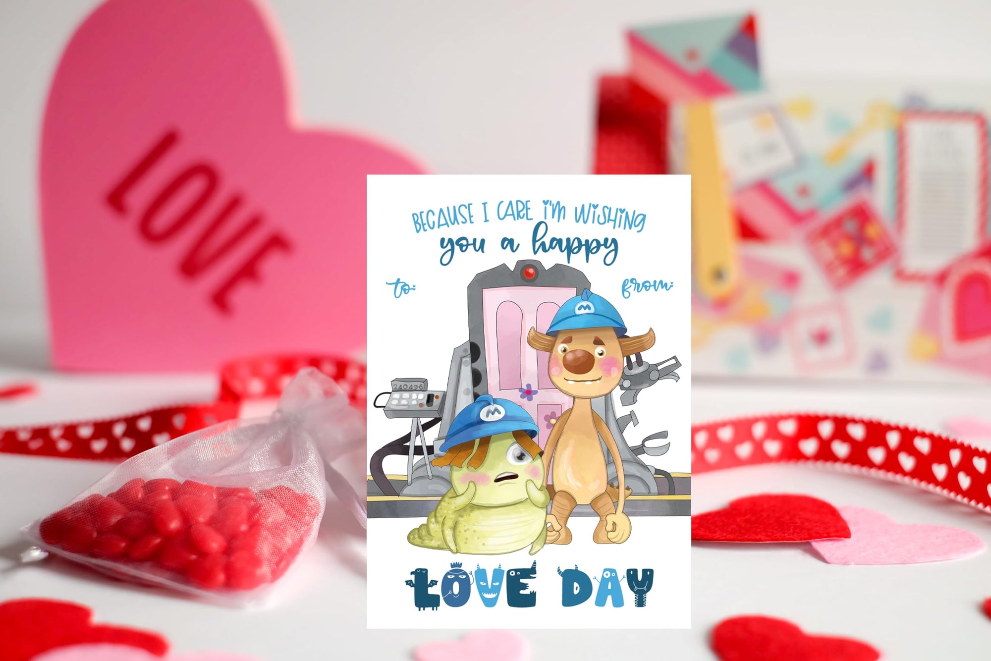Valentine's Day card with cartoon characters and candy, surrounded by decorative items.