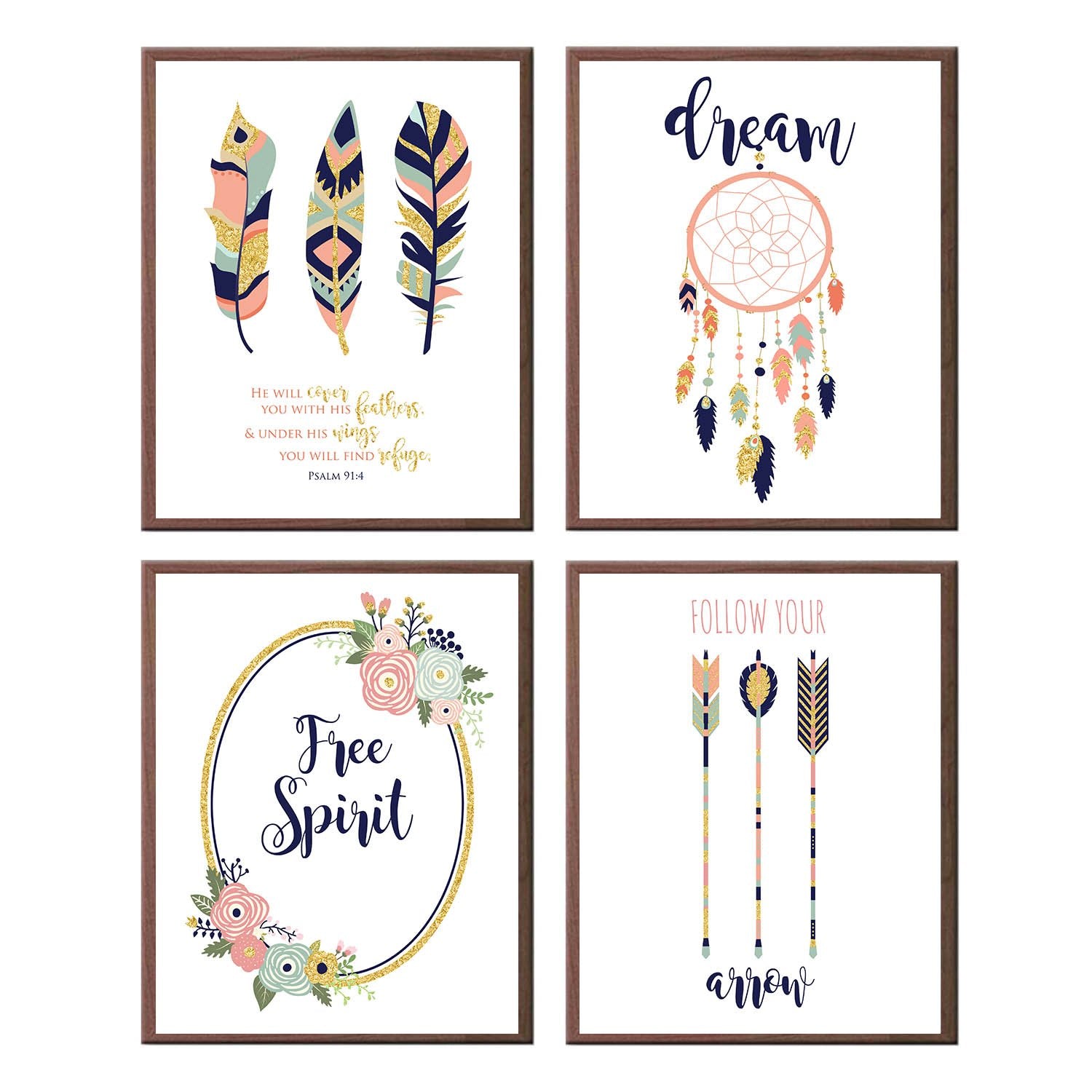 Free Spirit Boho Tribal Themed Pink Navy Teal Wall Room Art Prints