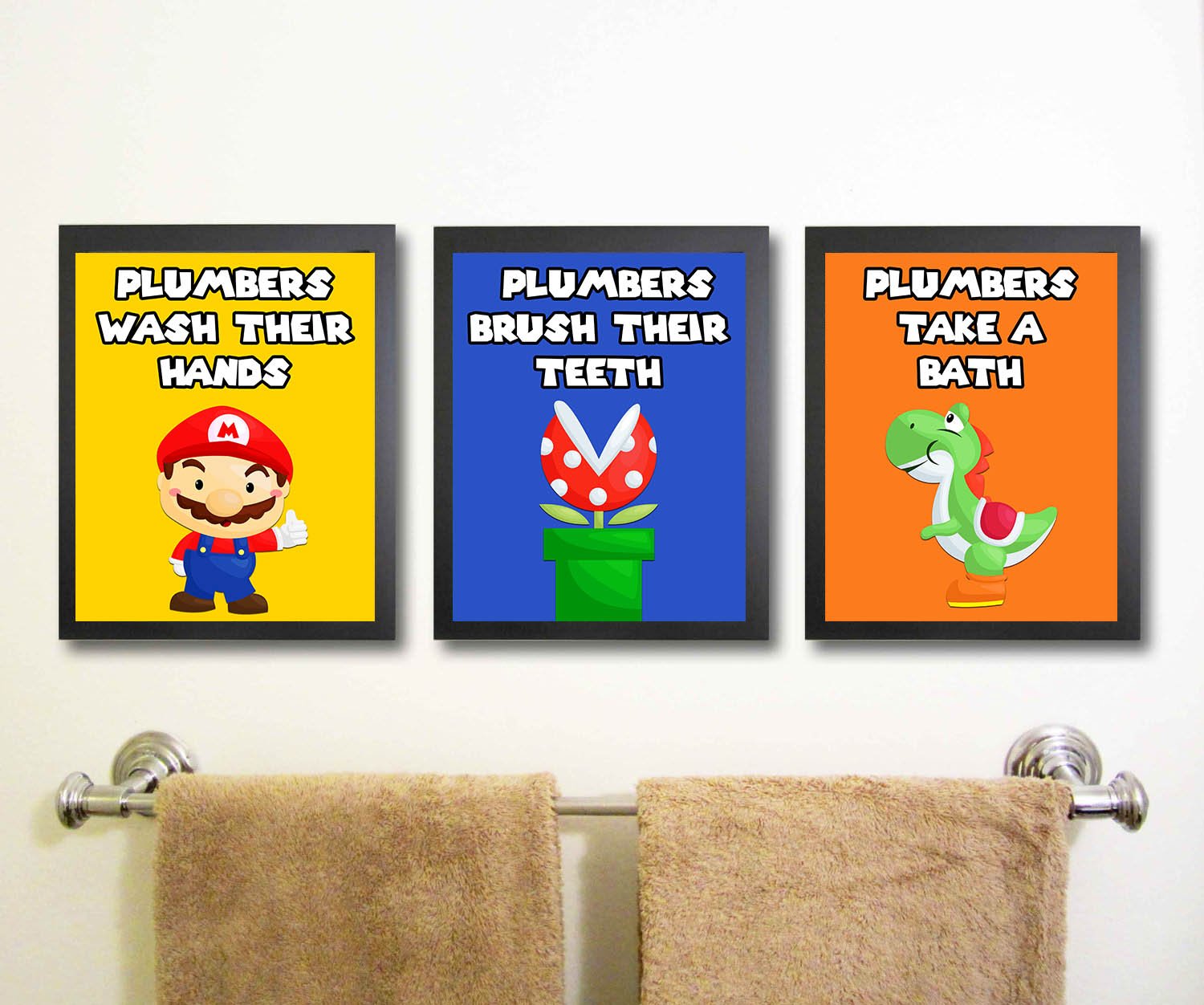 Bright Hero Plumber Brothers Video Game Bathroom Wall Art Prints (Set of 3) Artwork Posters Bath