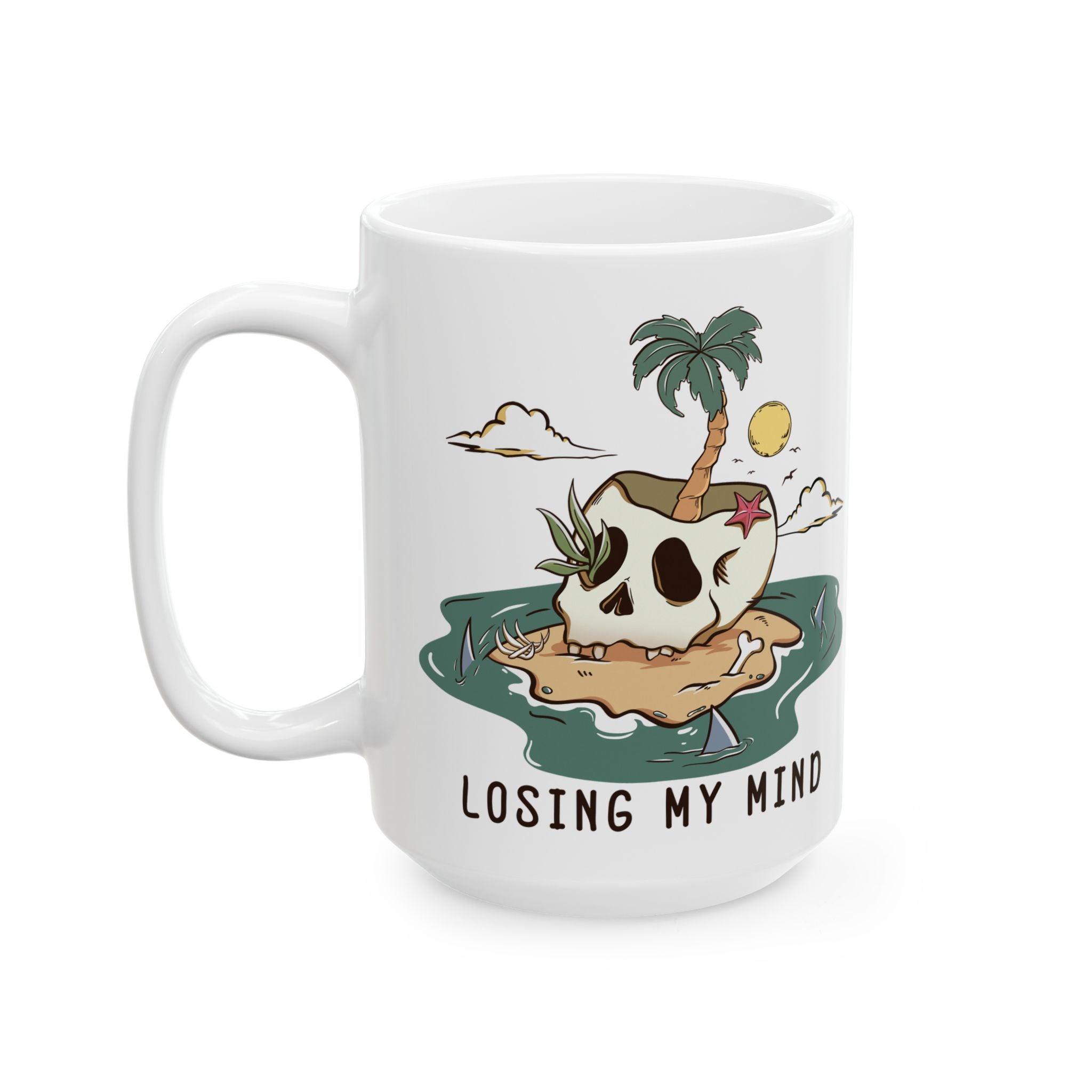 'Losing My Mind' Dark Humor Skeleton Beach Themed Coffee Mug (11oz, 15oz)