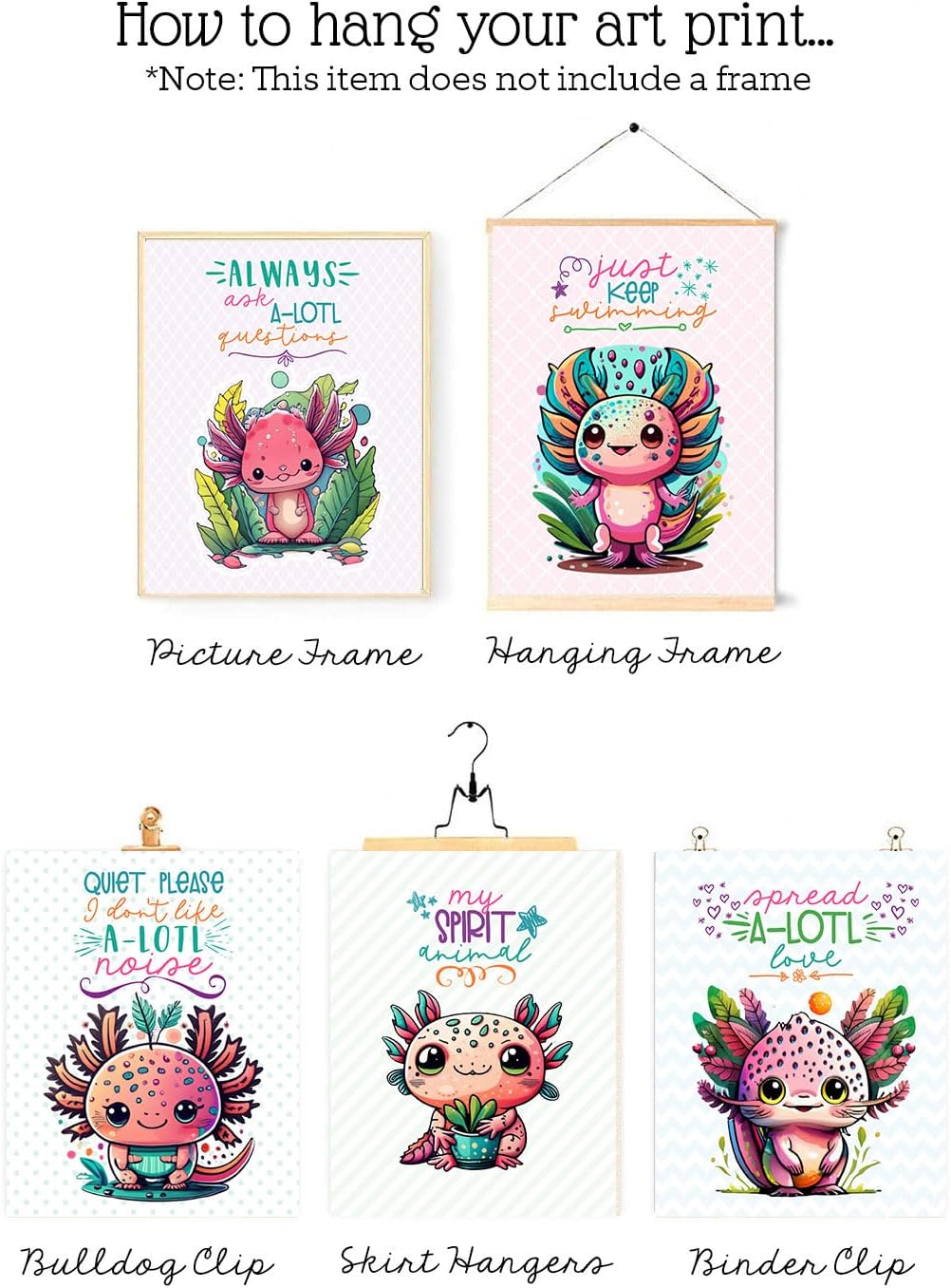 Darling Axolotl Themed Bathroom Wall Art Decor (Set of Four) Wash Fins Hang Towel Enjoy Bubbles Bath Prints Picture Sign Poster Hanging