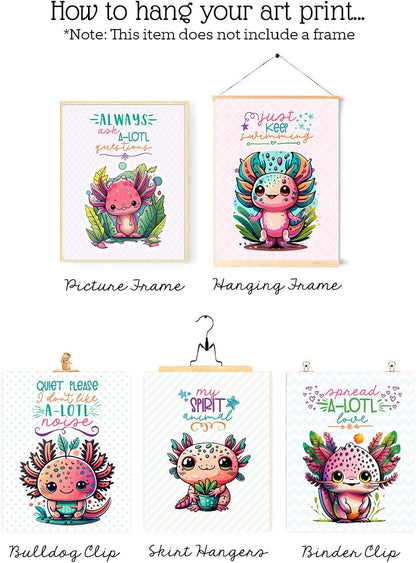 Silly Goose Gifts Spread A-Lotl Love - Axolotl Is My Spirit Animal Themed Room Wall Art Decor (Set of Five) Picture Hanging Poster Sign No Frames