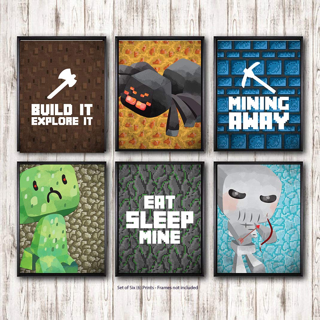 Eat Sleep Mine Pixel Block Gamer Wall Art Prints - Set of 6, 8x10 Kids Room