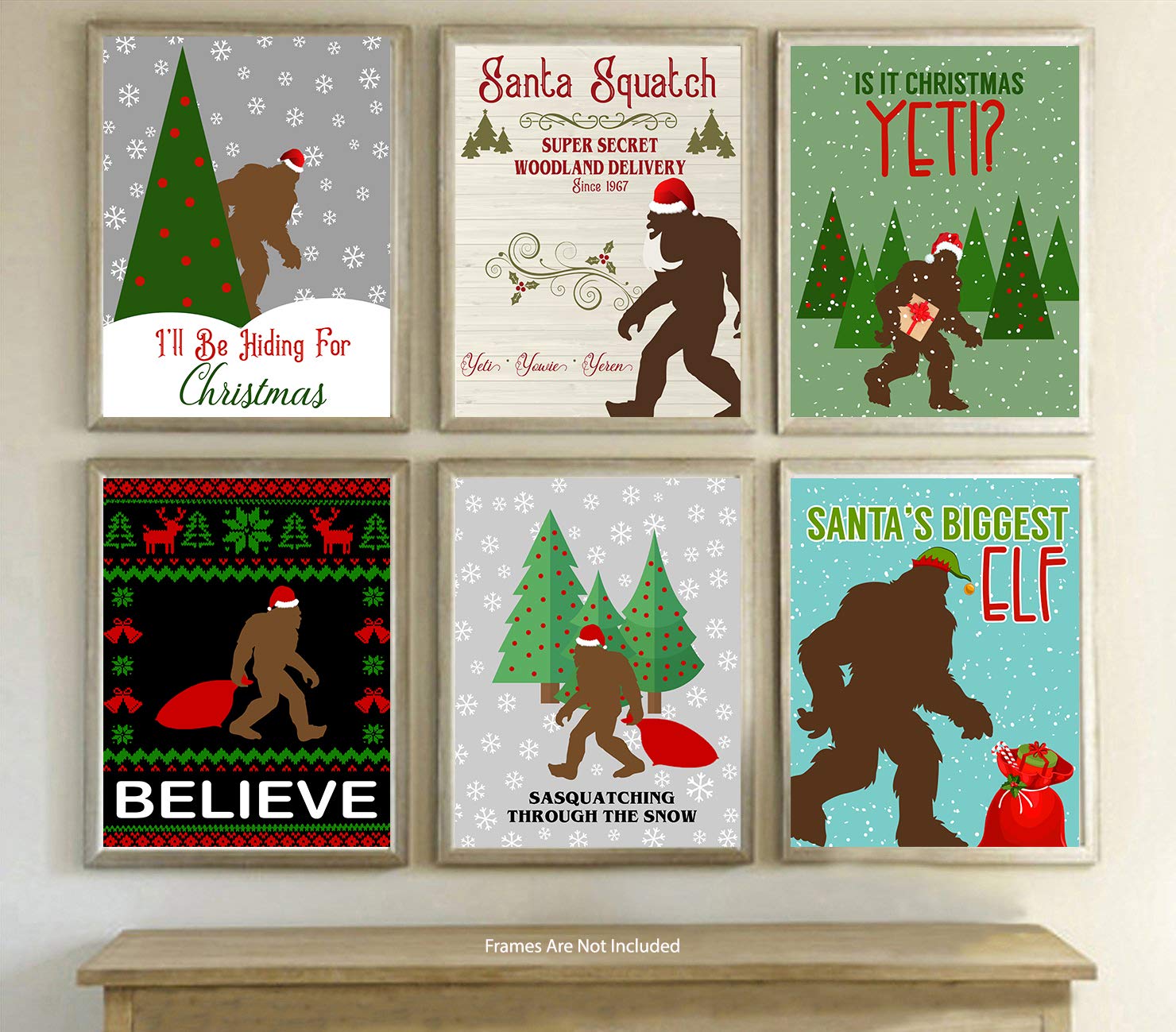 Holiday Bigfoot wall art prints displayed as a gallery wall with funny Christmas sayings