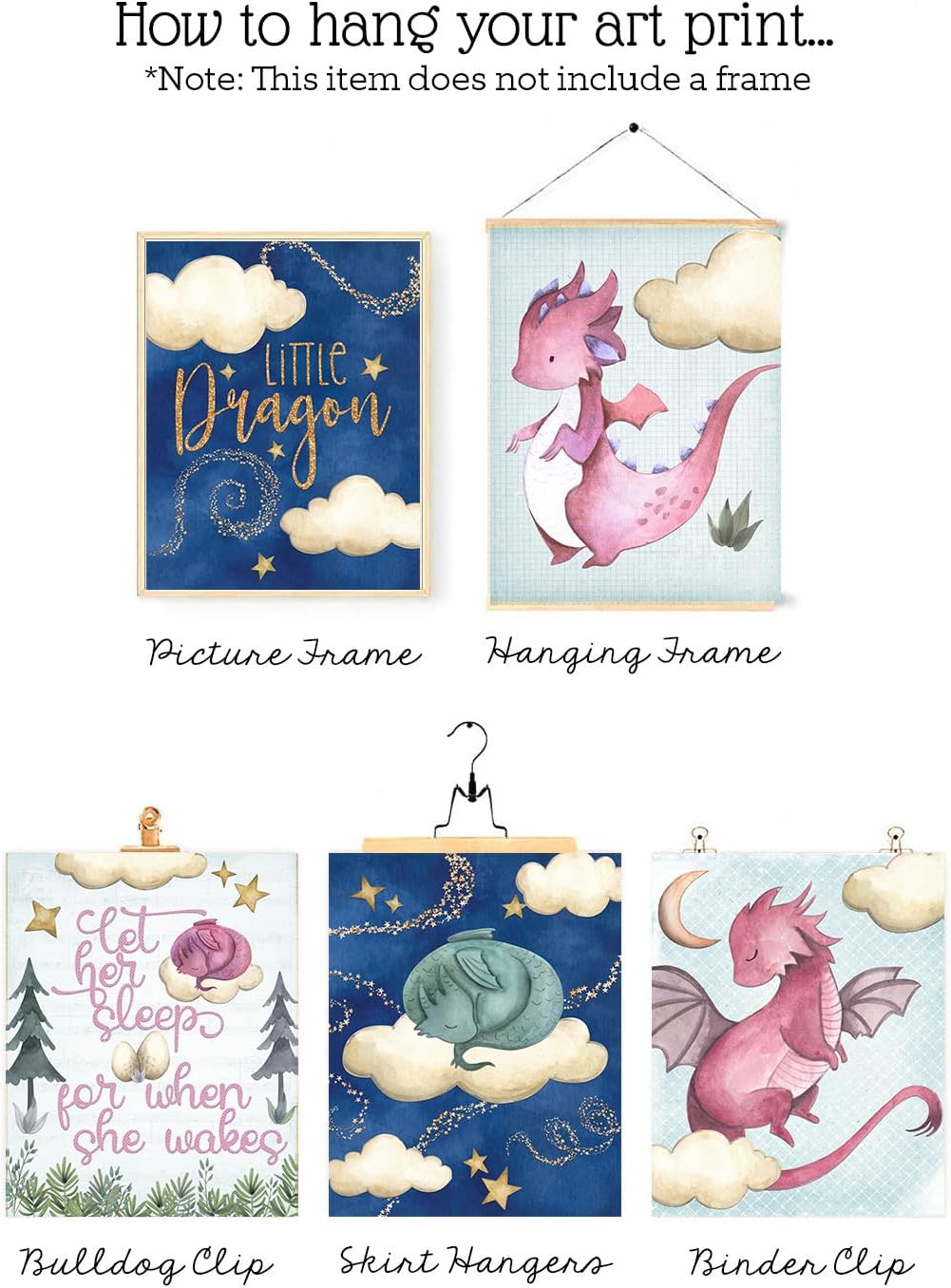 Silly Goose Gifts Let Her Sleep - Pink Dragon Themed Wall Art Prints (Set of 4) Hanging Picture Nursery Kids Room Decor 8x10in