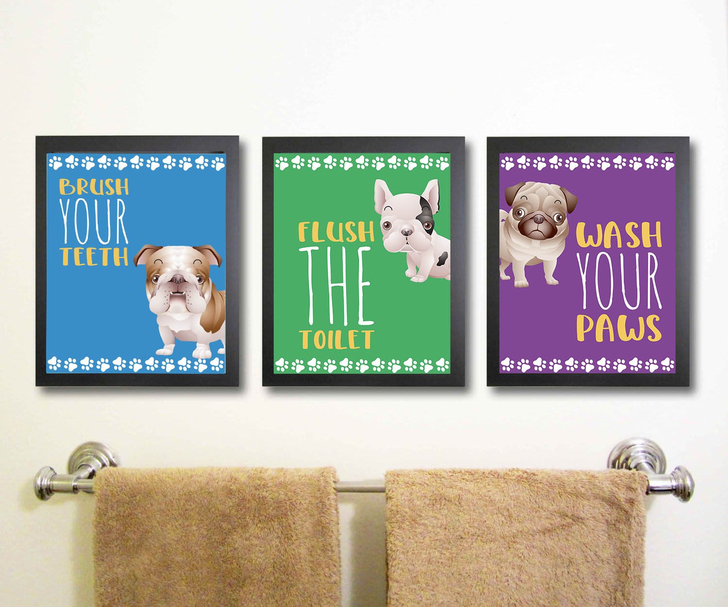 Puppy Dog Themed Bathroom Wall Art Print Decoration (Set of 3) Brush Teeth Flush Wash Hands No Frames Included