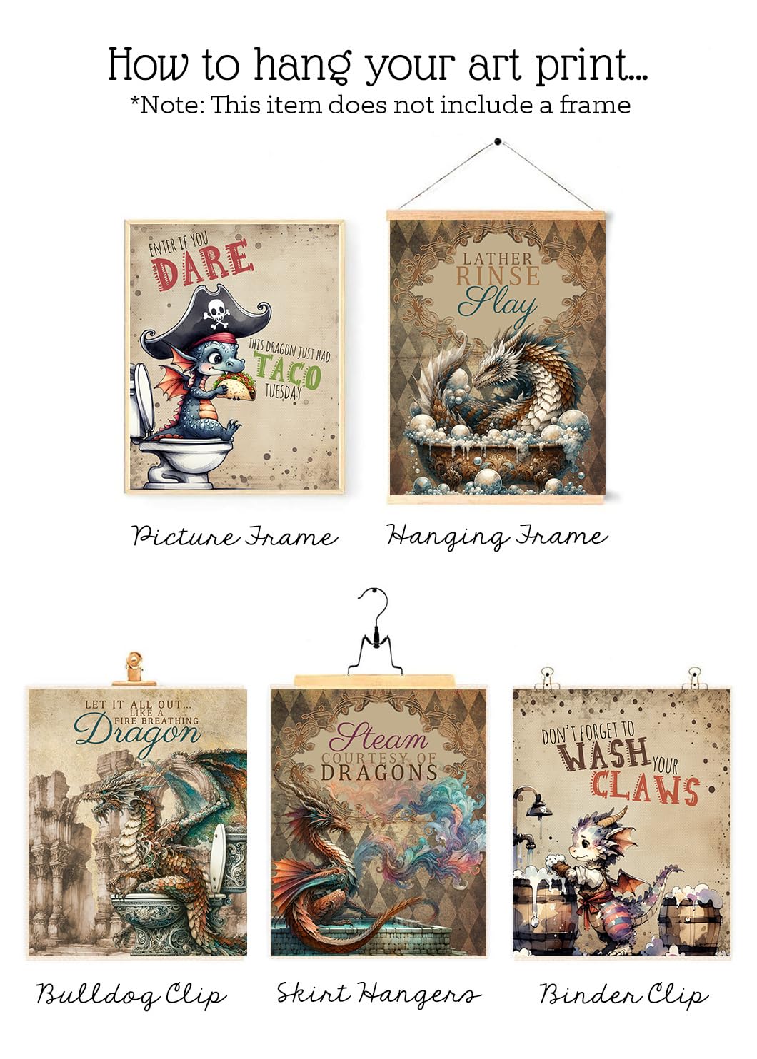 Dragon Bathroom Wall Art Prints - Fantasy Kids Decor, 8x10