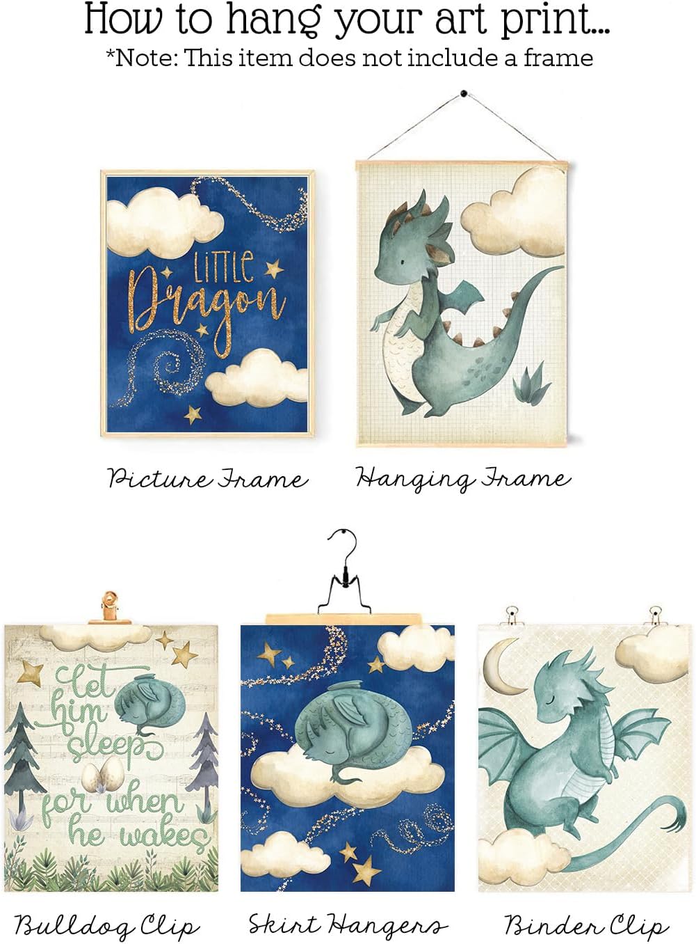 Silly Goose Gifts Let Him Sleep - Dragon Themed Wall Art Prints (Set of 4) Hanging Picture Nursery Kids Room Decor 8x10in