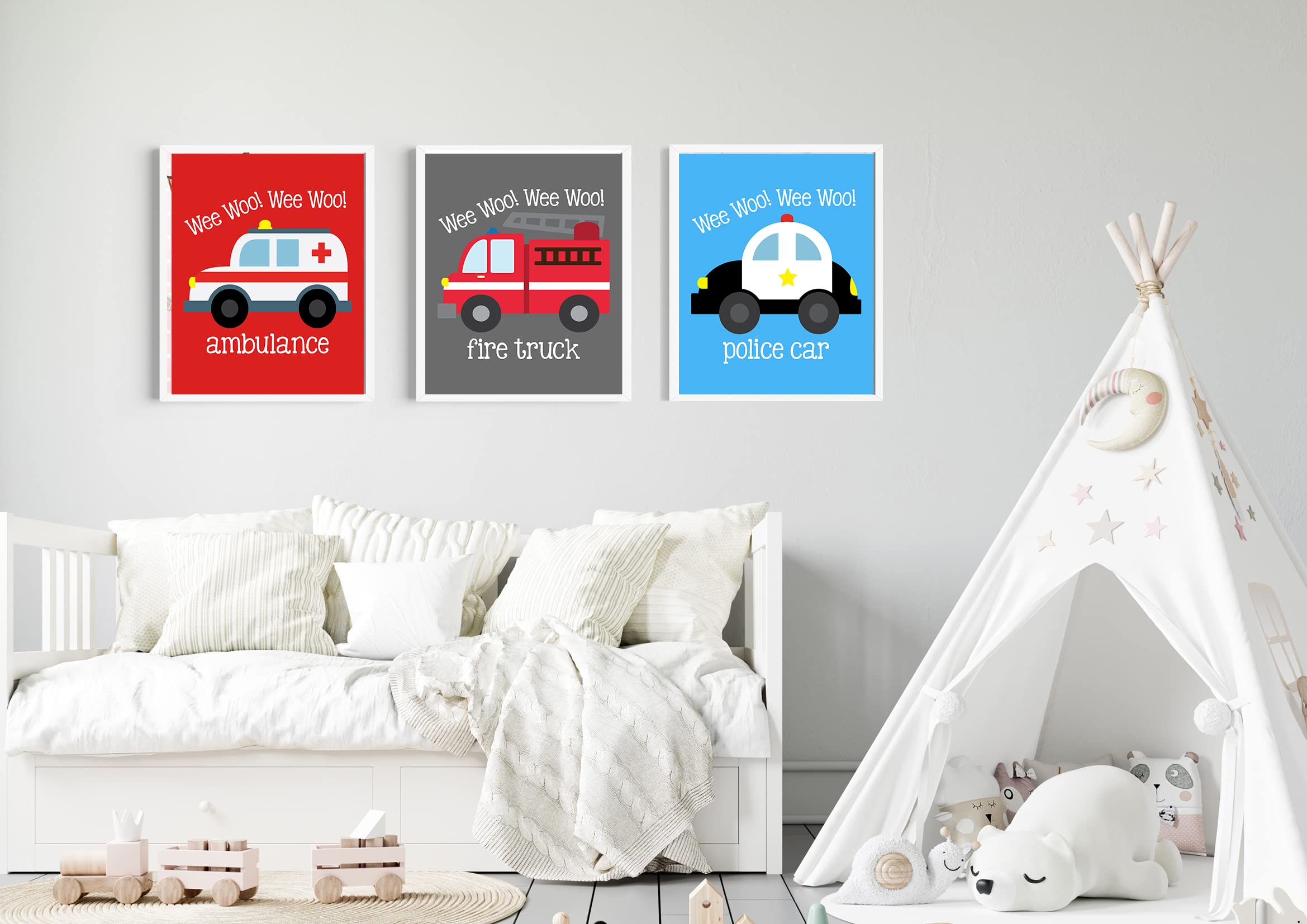 Children's room with colorful vehicle posters on the wall, a white bed, and a teepee.