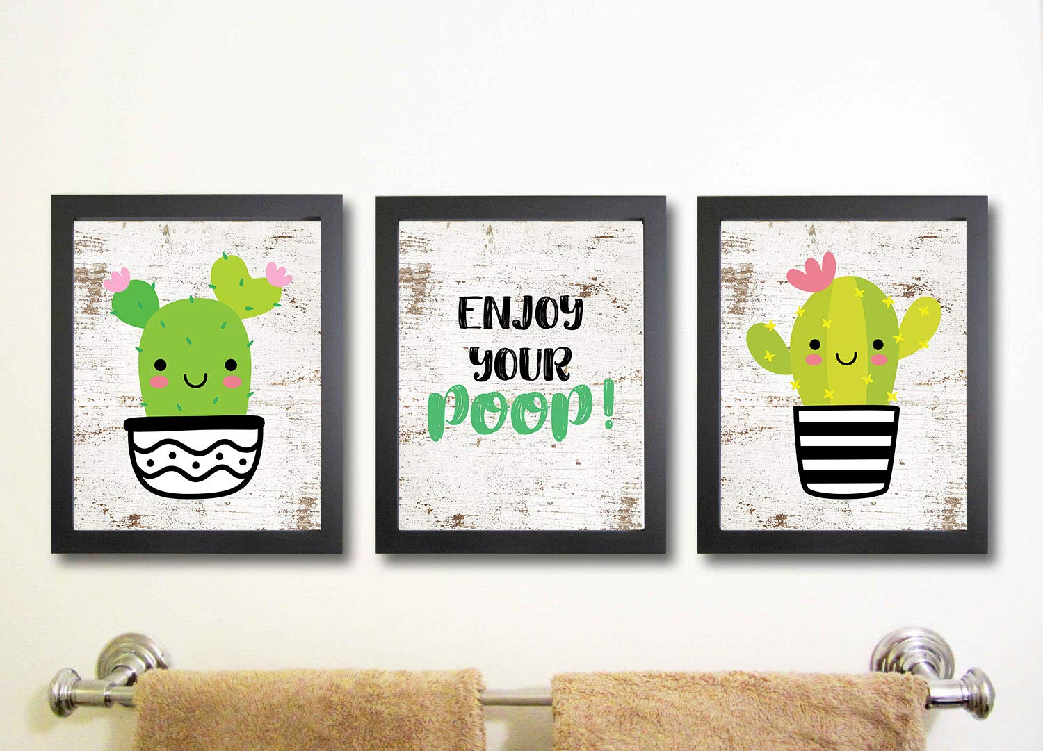 Enjoy Your Poop Cactus Wall Bathroom Art Decor (Set of Three) Prints Kawaii Happy Pink Black Wood