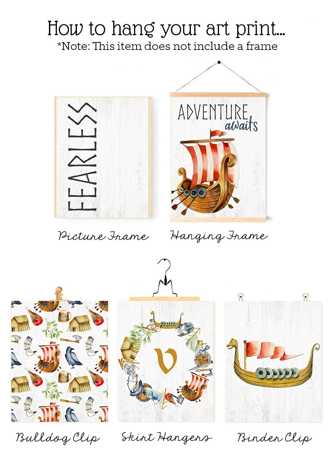 V Is For Viking Nursery Wall Art Prints - Set of 6, 8x10 Watercolor Decor