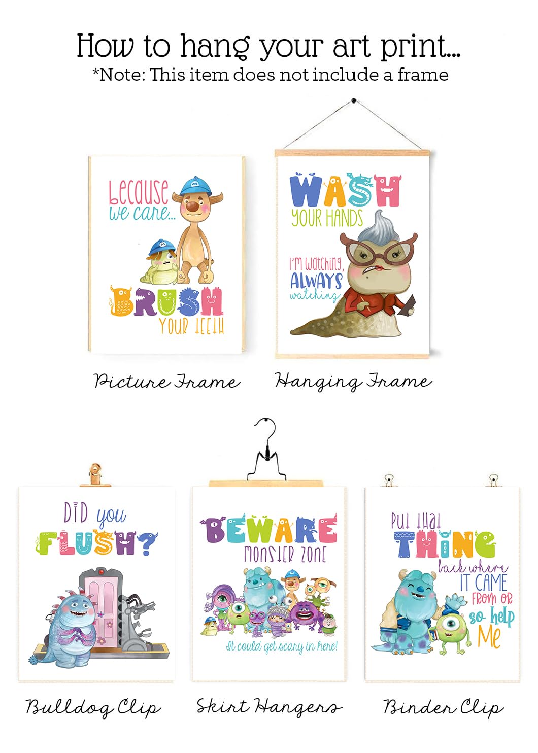 Friendly Monsters Bathroom Wall Art Prints for Kids - Set of 5