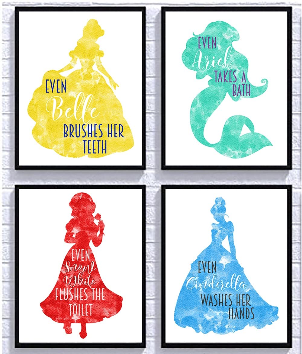 Princess Themed Bathroom Wall Art Print Decor (Set of Four) Restroom Decoration Reminders