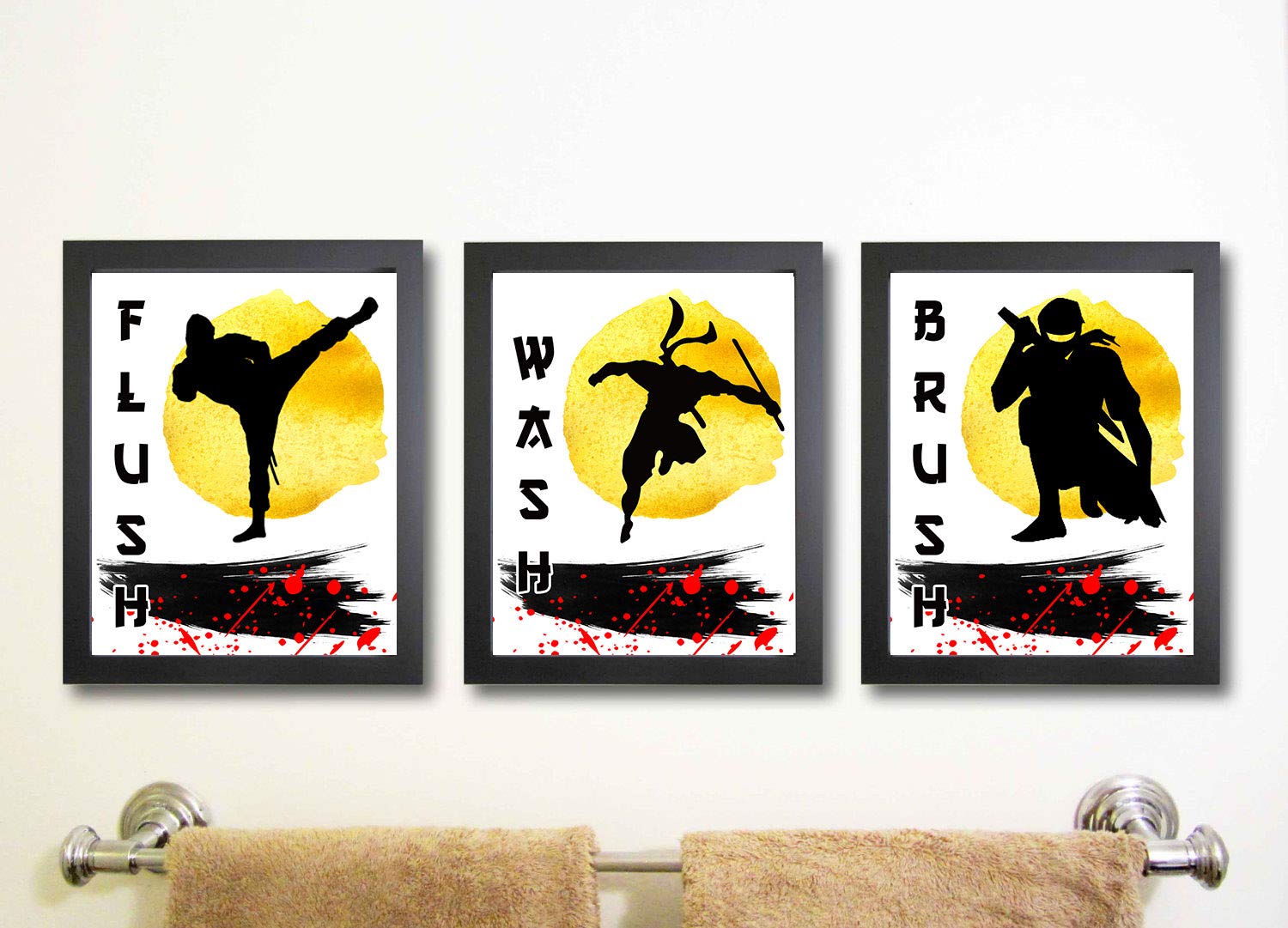 Ninja Wash Brush Flush Bathroom Wall Art Decor (Set of Three) Room Decoration