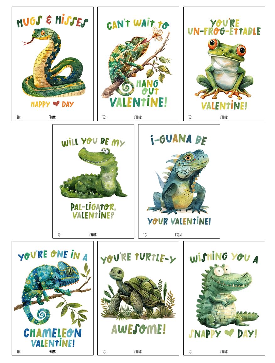 Reptile Valentine Day Classroom Sharing Cards (Set of 24) Valentine's Class Party Exchange - Snake Frog Alligator Lizard Turtle