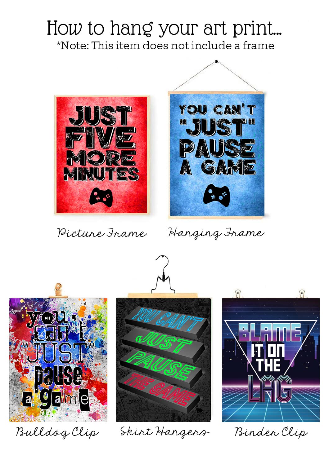 Lag Kills Gamer Wall Art Prints - Set of 6, 8x10 Teen Boys Room Decor