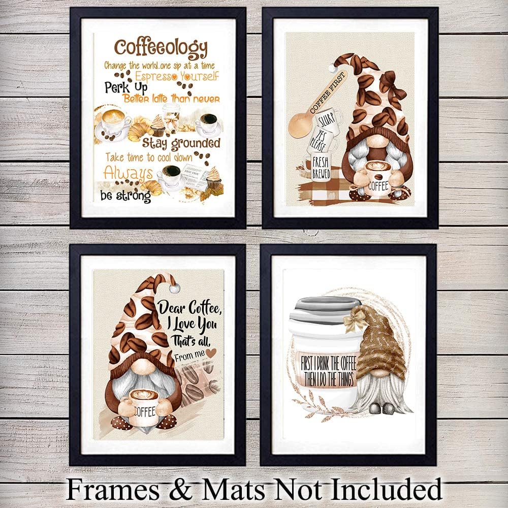 Silly Goose Gifts Coffee Gnome Themed Wall Art Decor Kitchen Room Sign Decoration Poster Set Pictures Unframed (4pc)