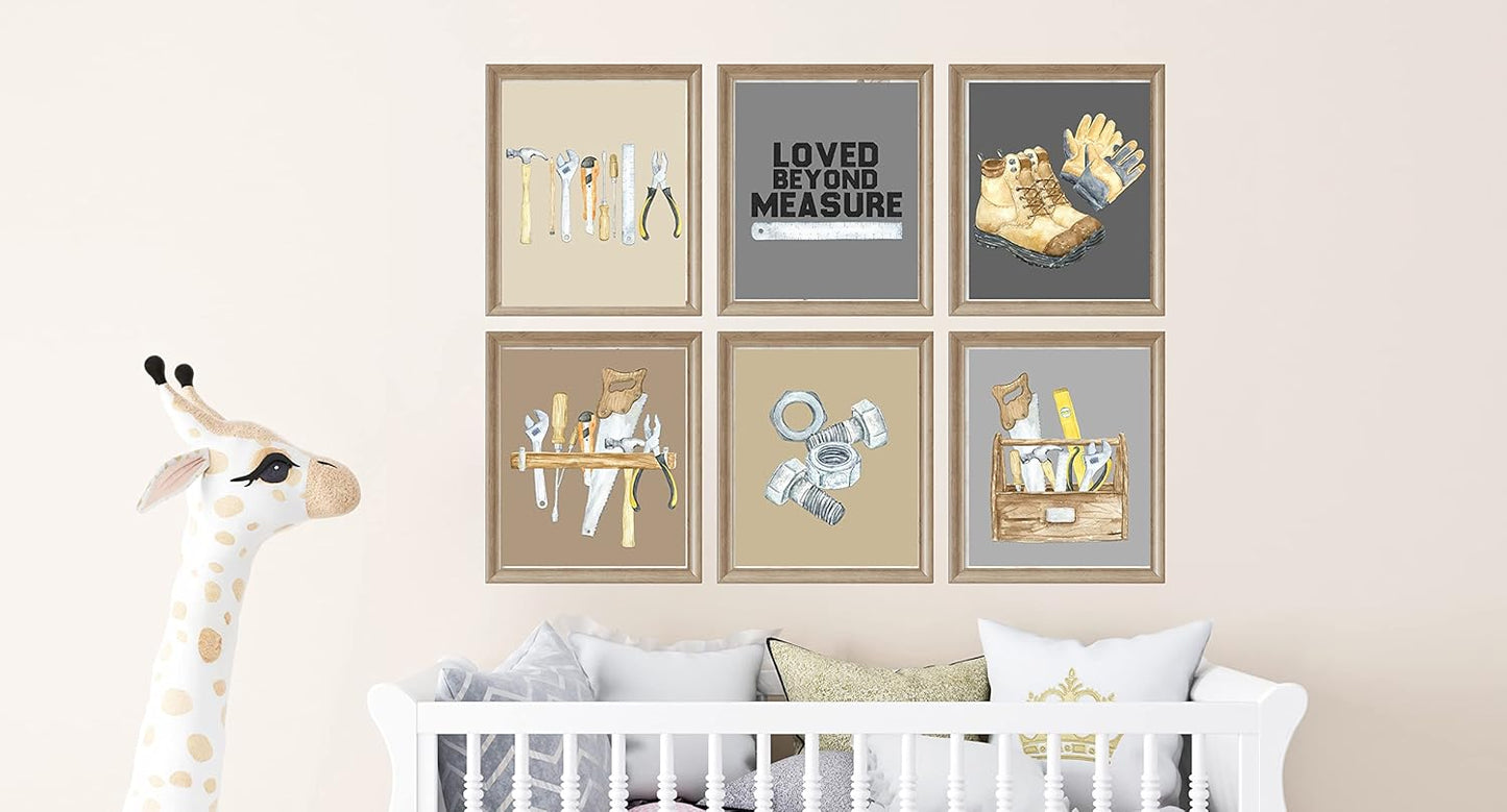 Silly Goose Gifts Loved Beyond Measure - Tools Construction Themed Wall Art Print Hanging Pictures Home Decor Nursery Den Office Room Bedroom (Set of Six) 8x10