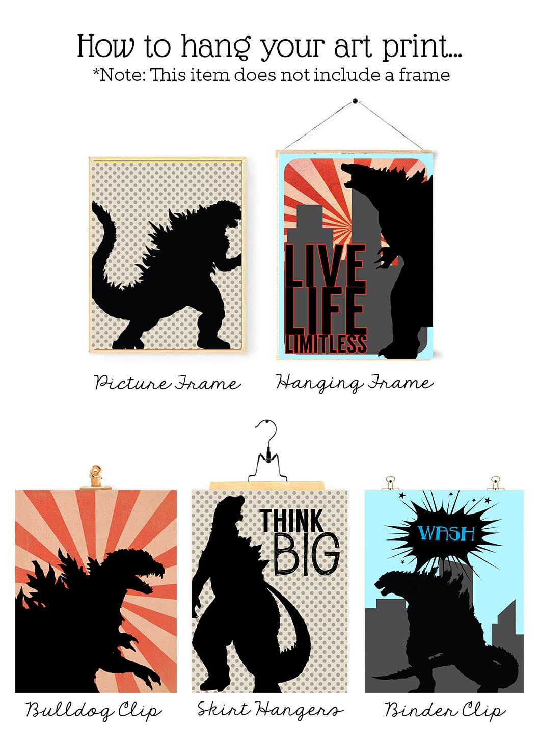 Monster Dragon Bathroom Wall Art Prints - Kids Decor Set