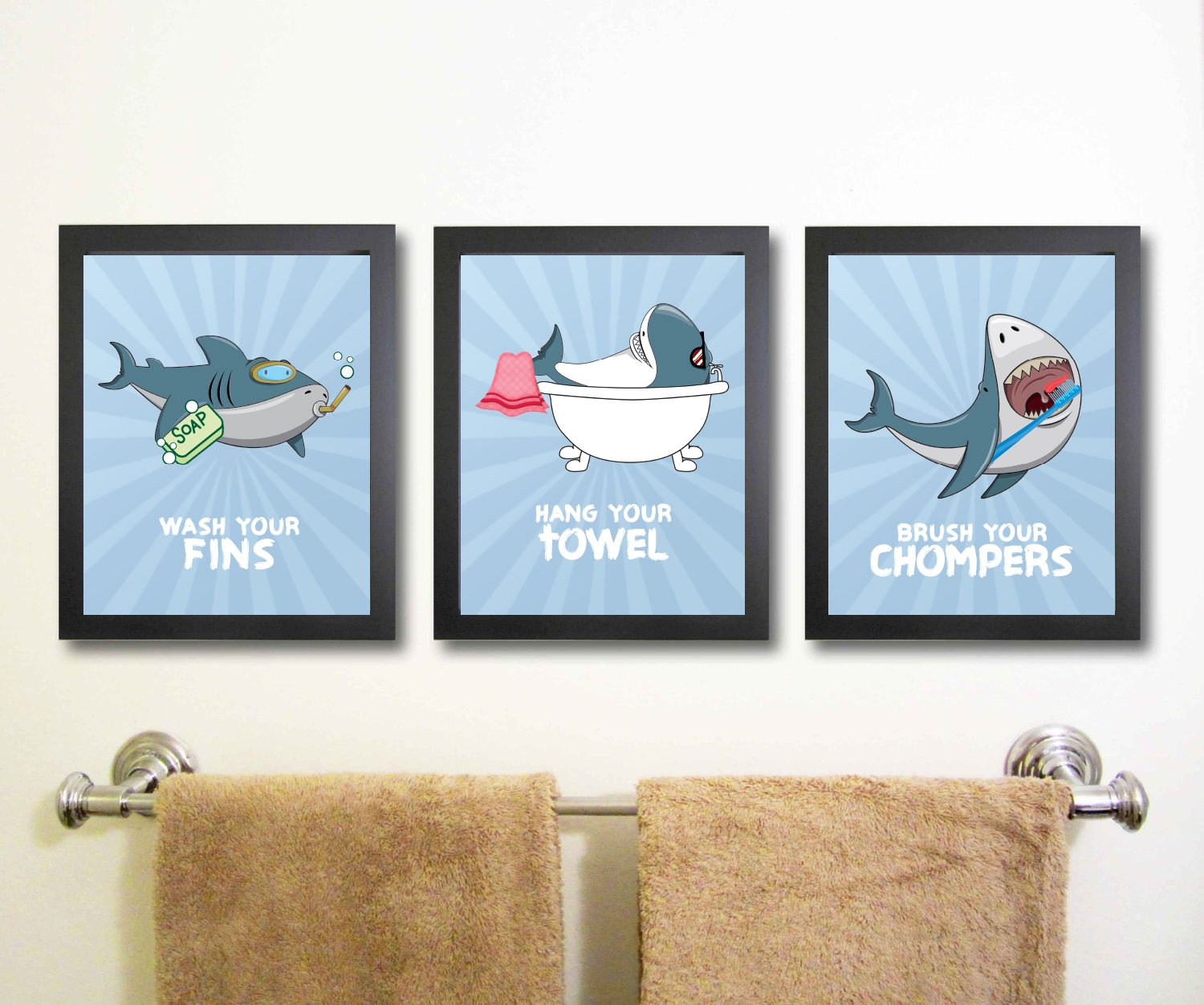 Fun Shark Themed Children Bathroom Wall Decor (Set of Three) Wash Fins Hang Towel Brush Chompers No Frames