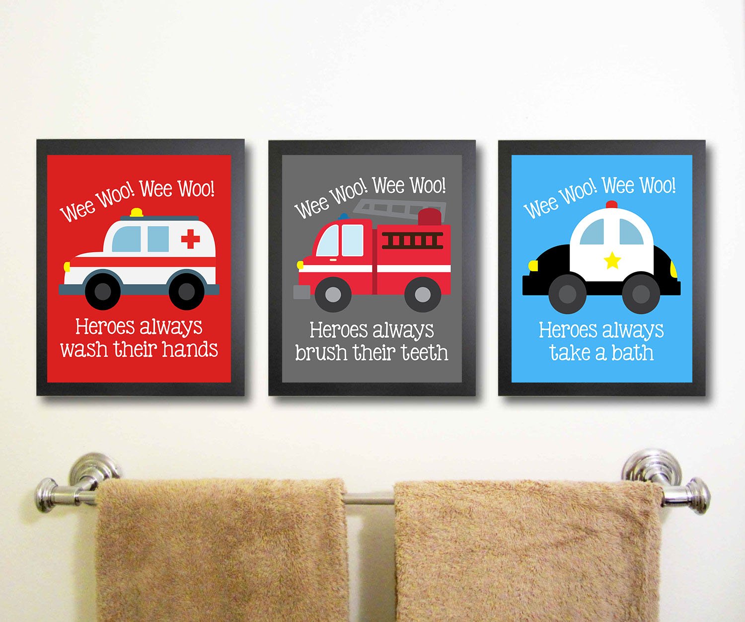 Emergency Vehicle Themed Art Print Bathroom Wall Decoration (Set of Three) Fire Truck Police Car Ambulance Bath