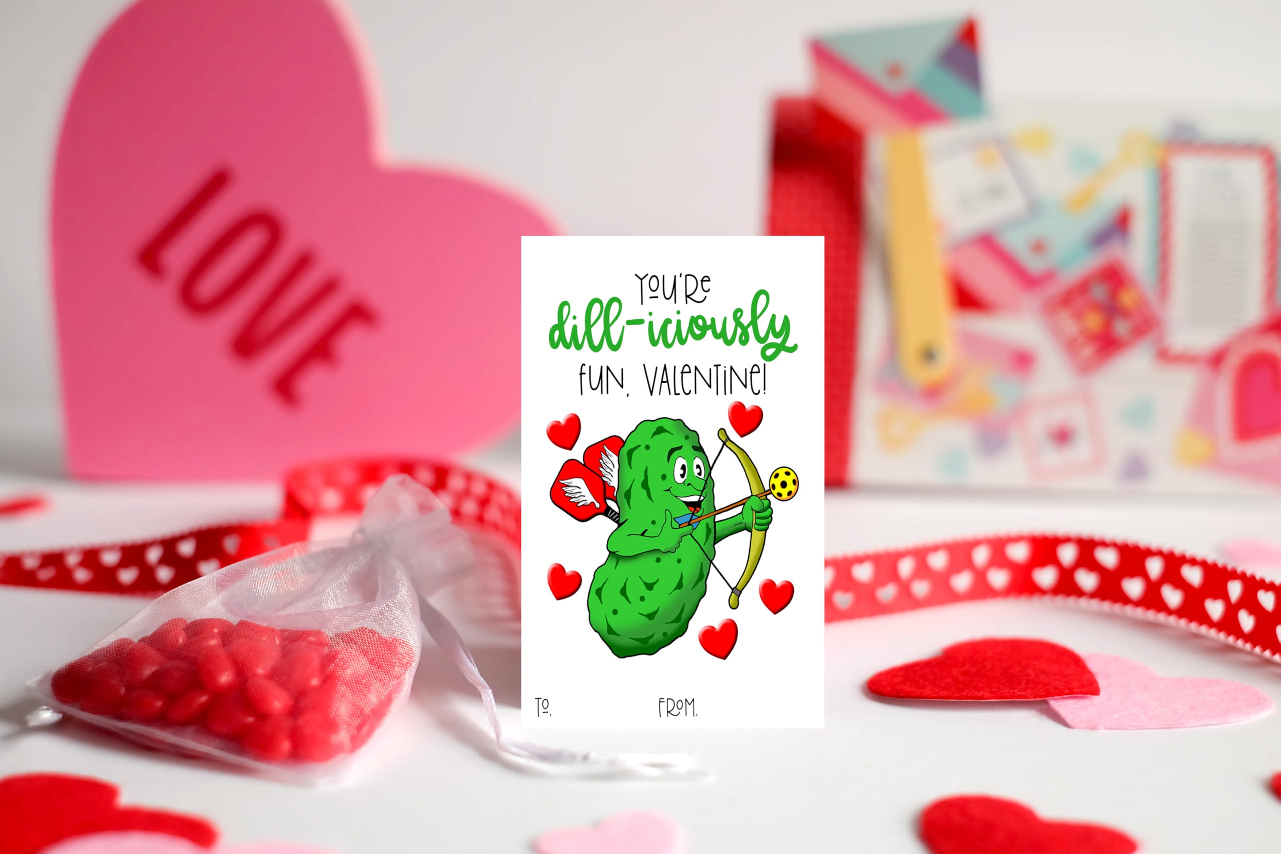 Pickleball Themed Valentine Funny Pickle Classroom Sharing Card Set of 24, You're A Big Dill To Me - Valentine's Day