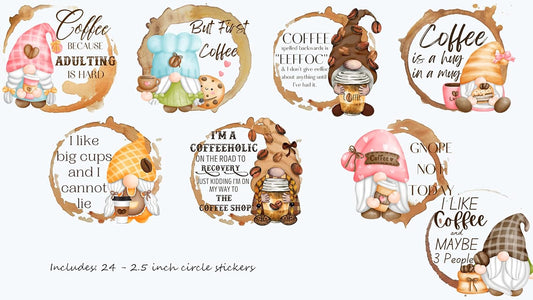 Coffee Gnome - Stickers for Party, Notebook, Laptop, Crafts, Cup (Set of 24)