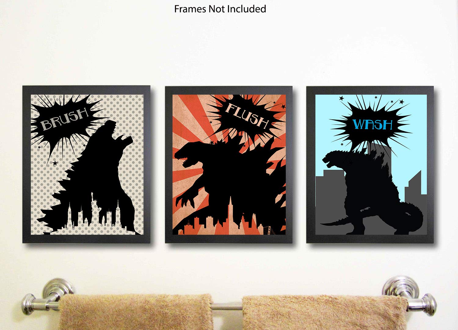 Monster Dragon Bathroom Wall Art Prints - Kids Decor Set