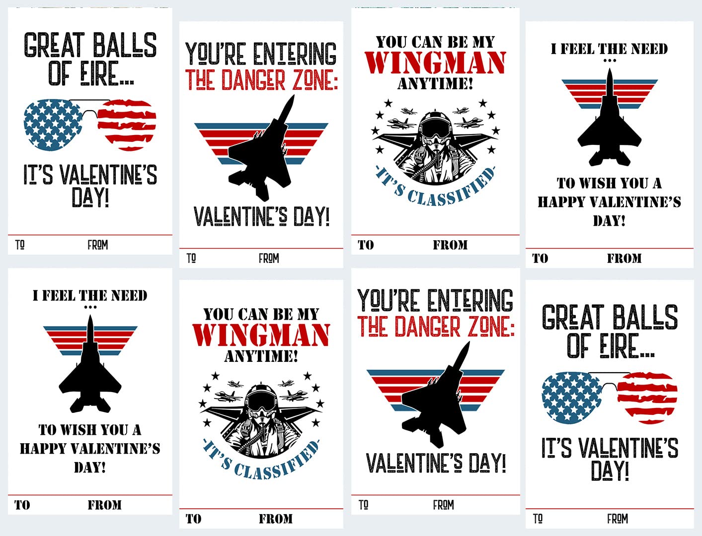 Fighter jet pilot themed kids Valentine's Day cards set of 24 for classroom exchange