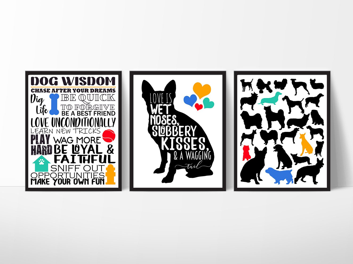Dog Room Wall Art Decor (Set of Three) Decoration Print 8x10in Wet Noses Slobber Kisses