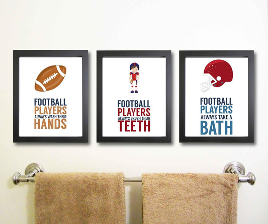 Silly Goose Gifts Even Football Players Brush Teeth Take A Bath Wash Hands Bathroom Wall Art Decor (Set of Three)