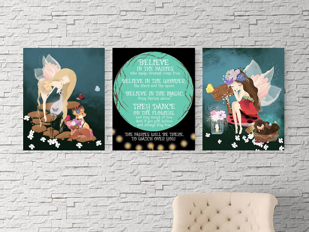 Magical Fairy Wall Art Decor (Set of Three) Poem for Home Bedroom Nursery