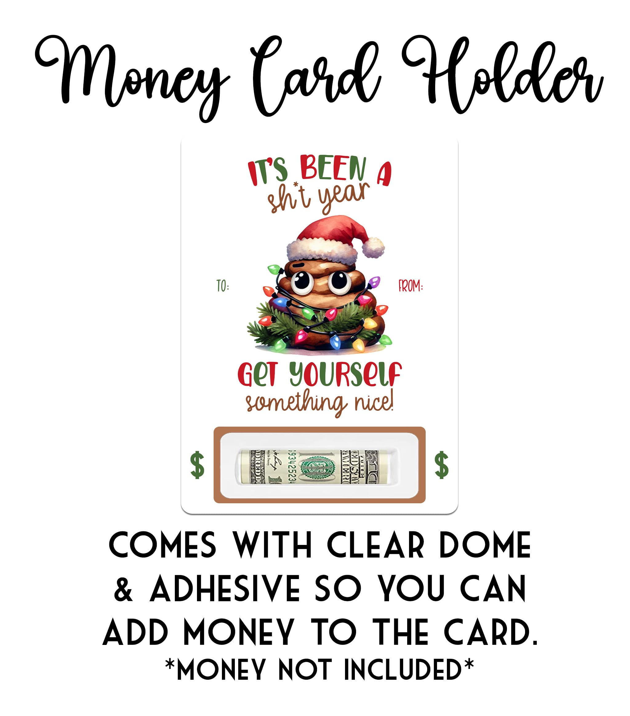 Snarky poop emoji Christmas money card with fill in the blank name and amount spaces