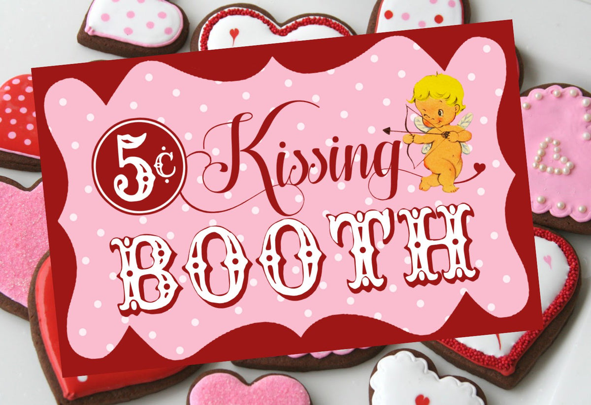 Vintage cupid kissing booth poster 12x19 Valentine's Day party decor door sign