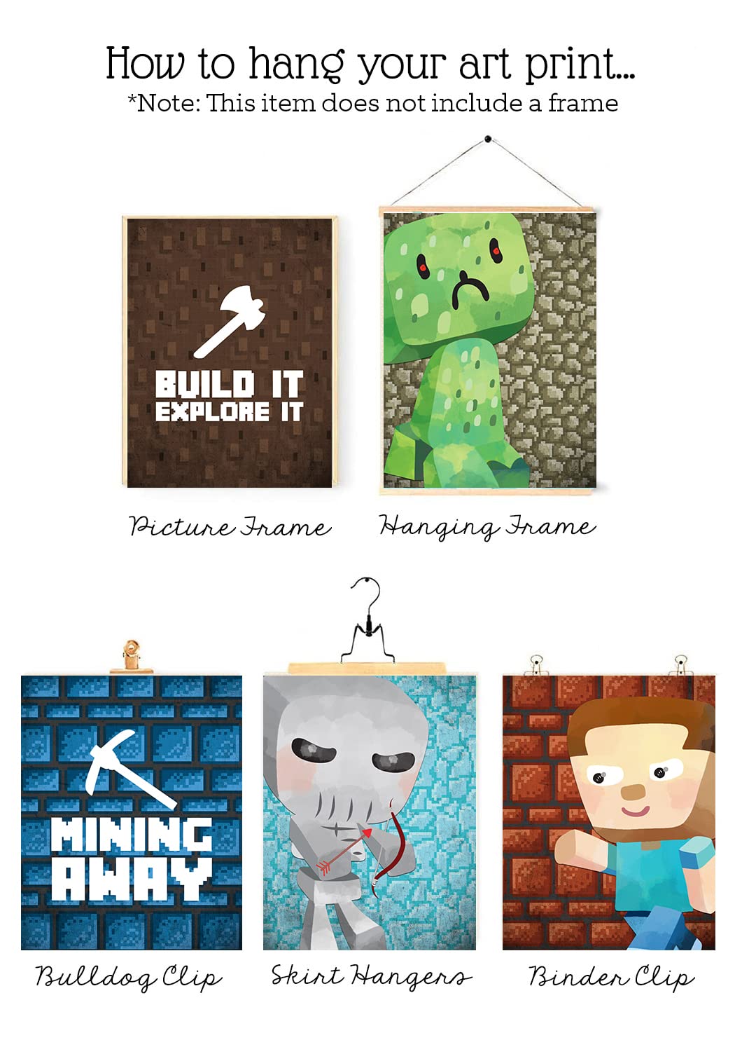 Eat Sleep Mine Pixel Block Gamer Wall Art Prints - Set of 6, 8x10 Kids Room