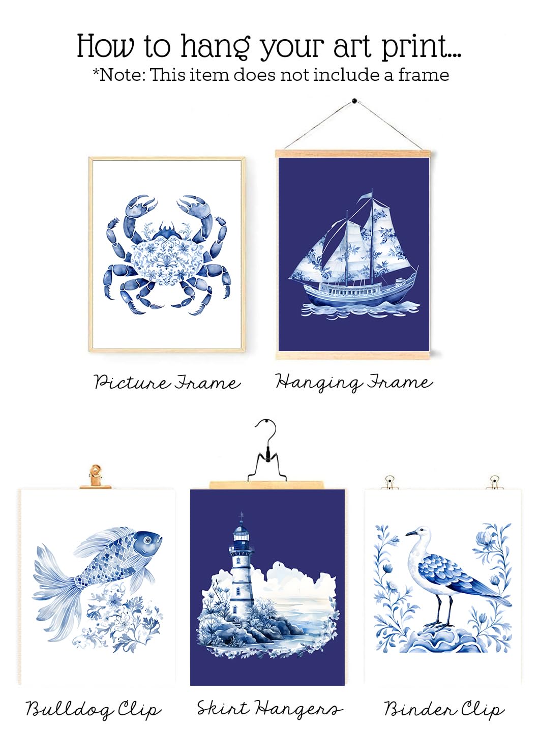 Coastal Sea Life Wall Art Prints - Blue & White Nautical Set of 4