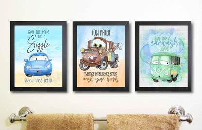 Colorful Cars Movie Themed Bathroom Wall Art Print Decor, Bath Reminders
