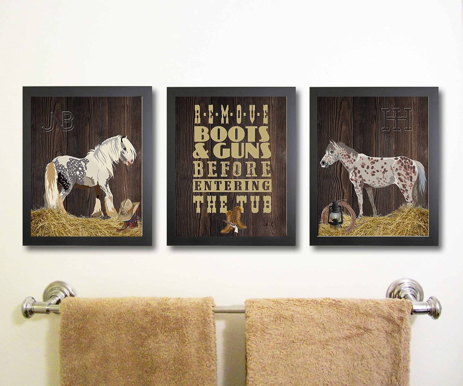 Western Cowboy Horse Bathroom Wall Art Prints - Set of 3