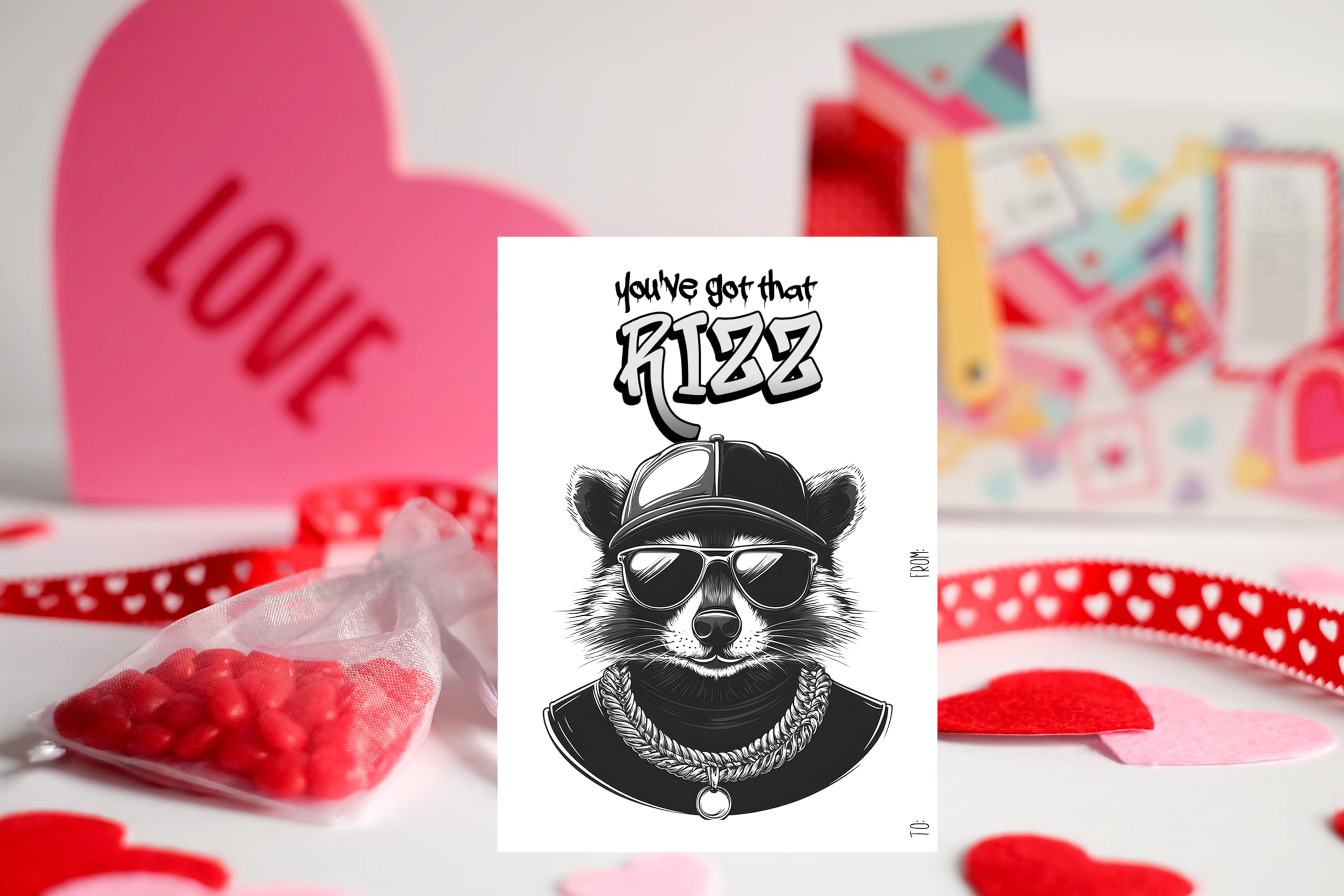 Animal Retro Hip Hop Slang Themed Valentine's Day Classroom Sharing Card Set of 24, You've Got That Rizz Bruh