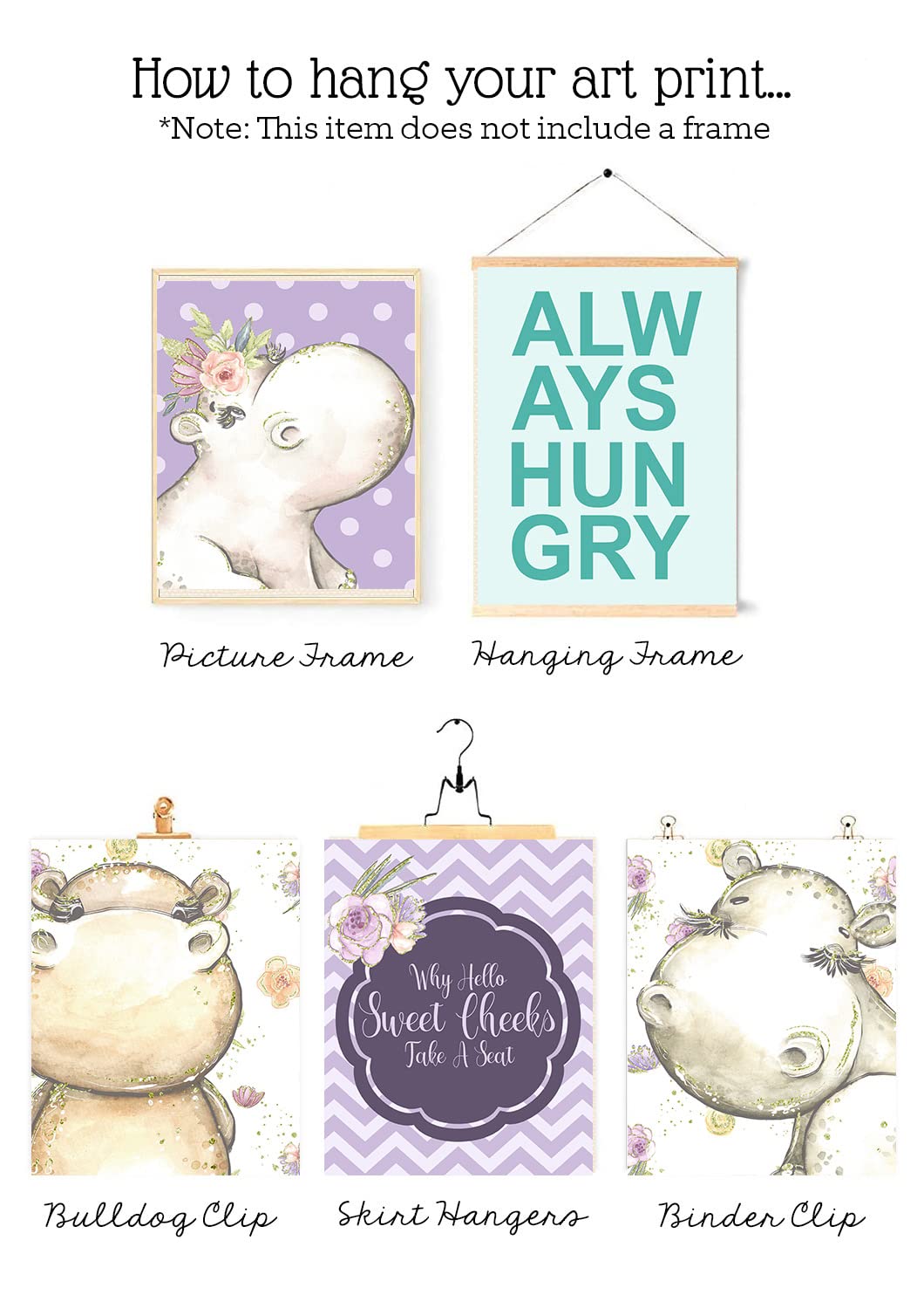 Hello Lovely Hippo Wall Art Prints - Set of 3, 8x10 Glitter Bathroom Decor