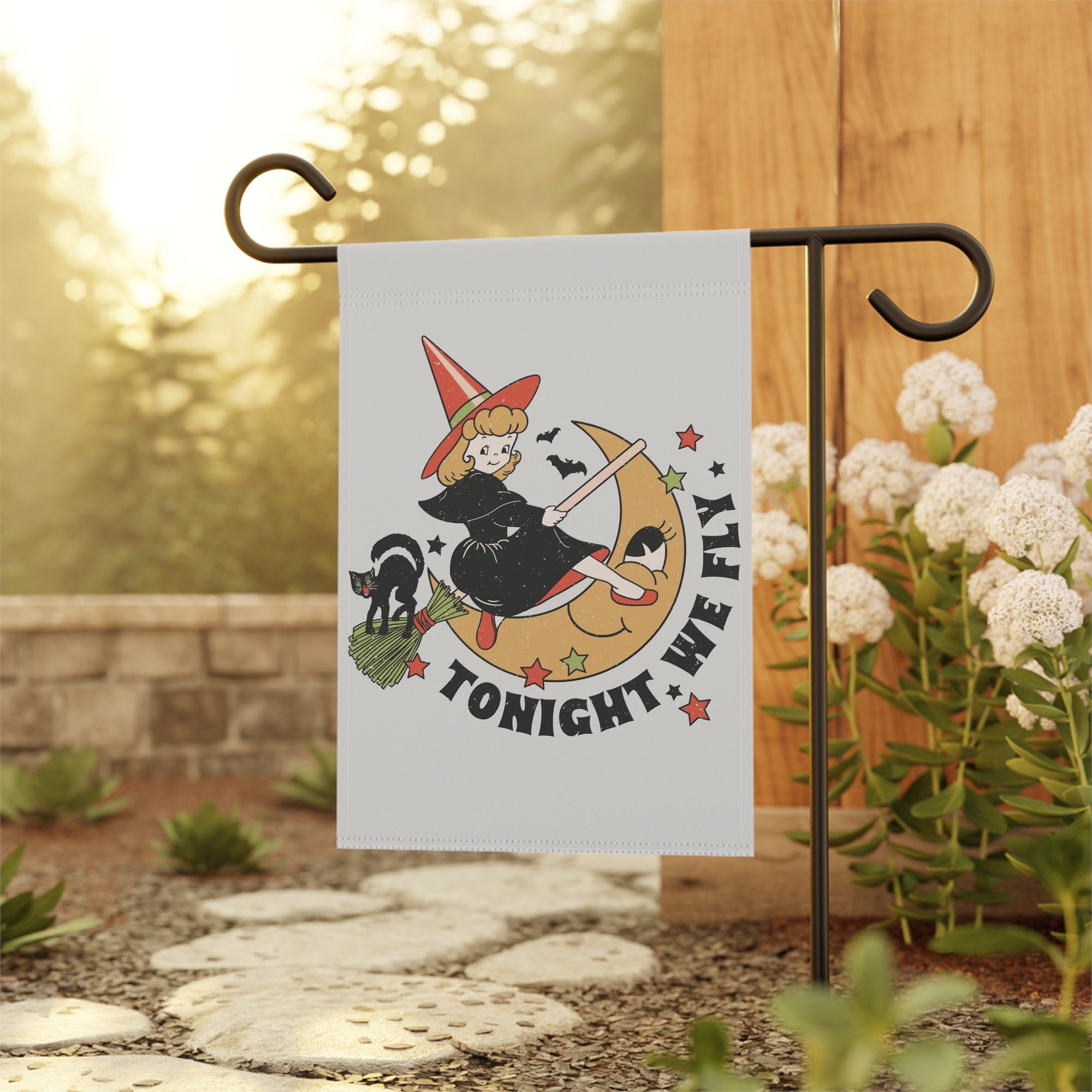 Tonight We Fly Halloween Garden Flag 12x18 – Vintage Witch Black Cat Yard Decor