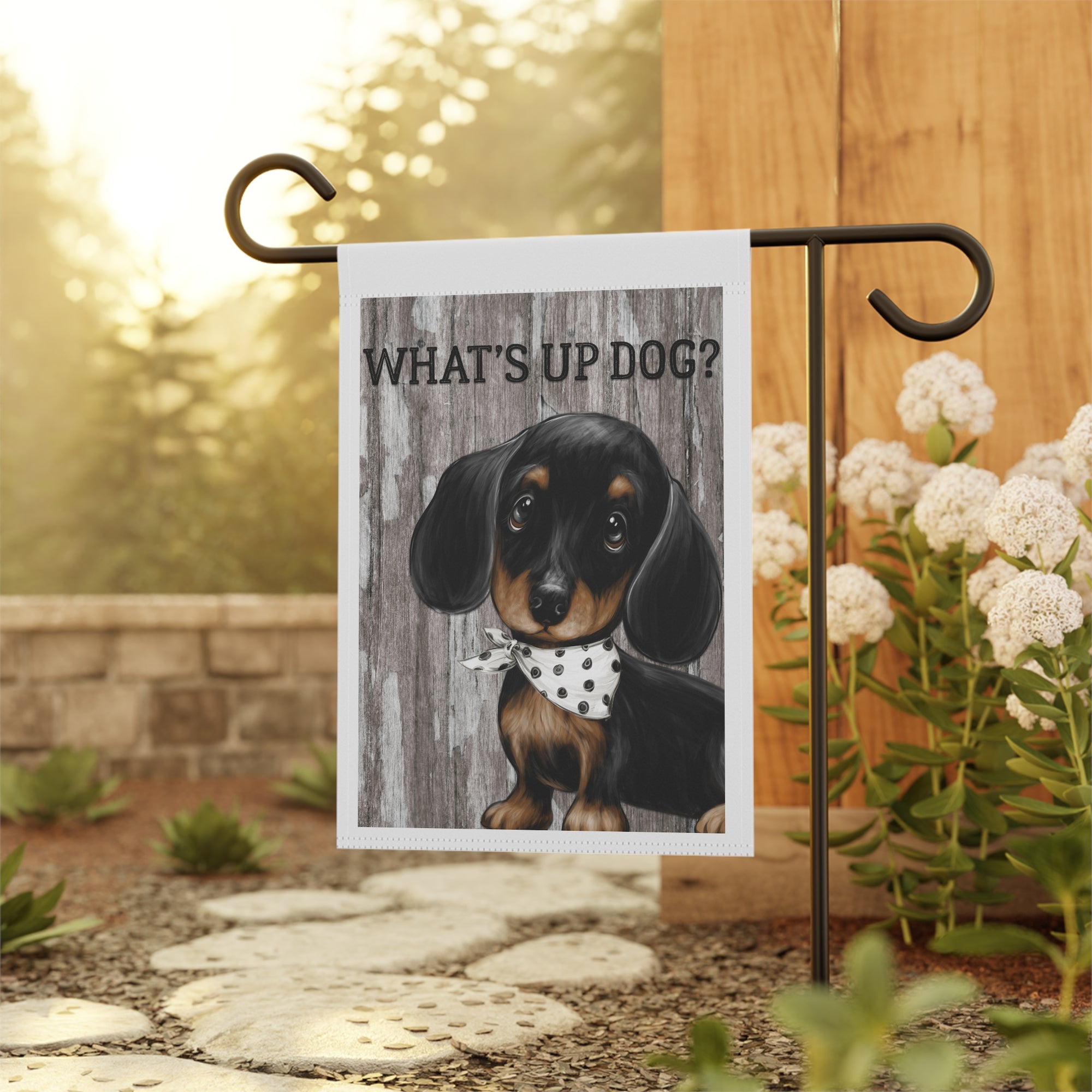 Punny Dachshund garden flag displayed outdoors on a porch flag stand
