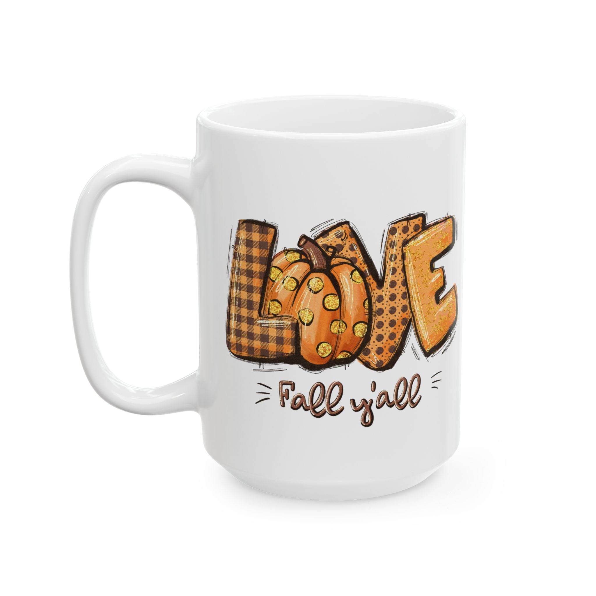 LOVE Fall Y'all – Buffalo Plaid Pumpkin Autumn Coffee Mug (11oz, 15oz)