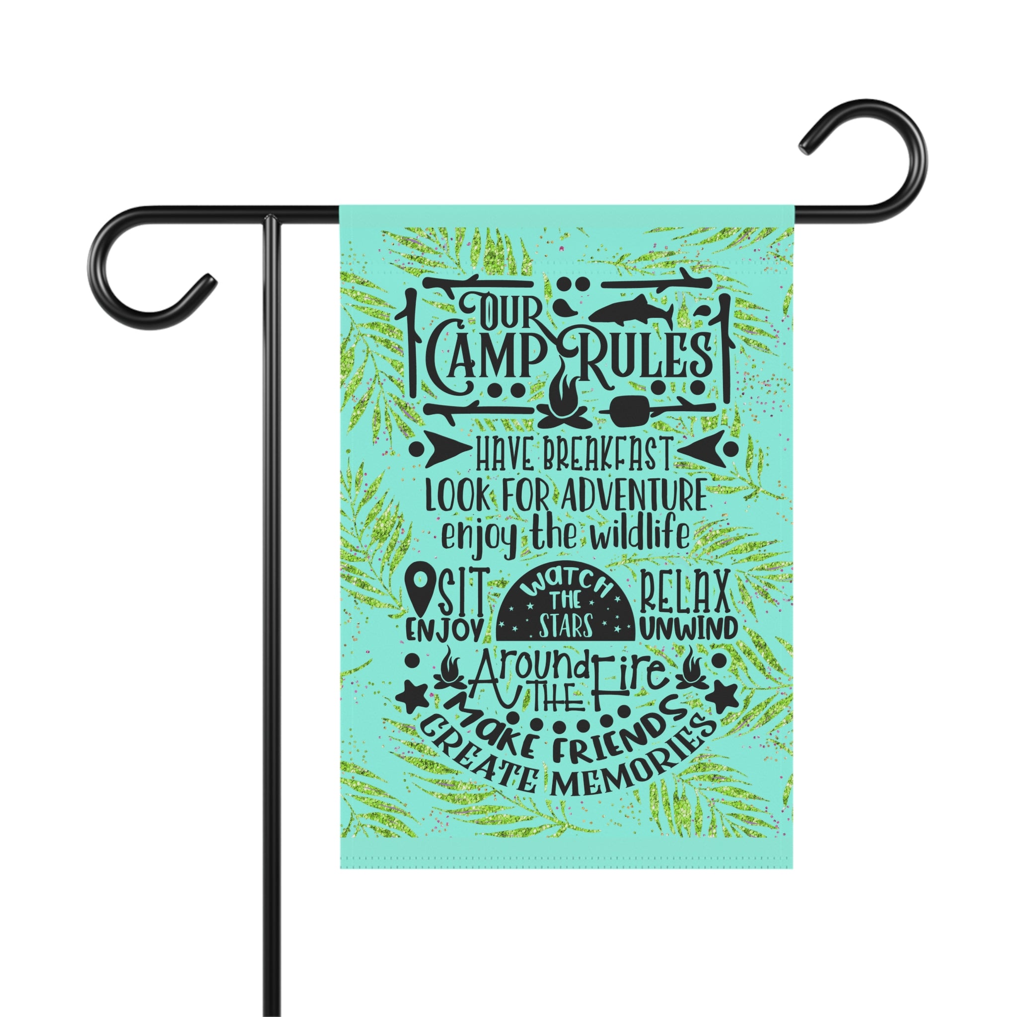 Camp Rules outdoor garden flag with campsite fishing and fire pit design