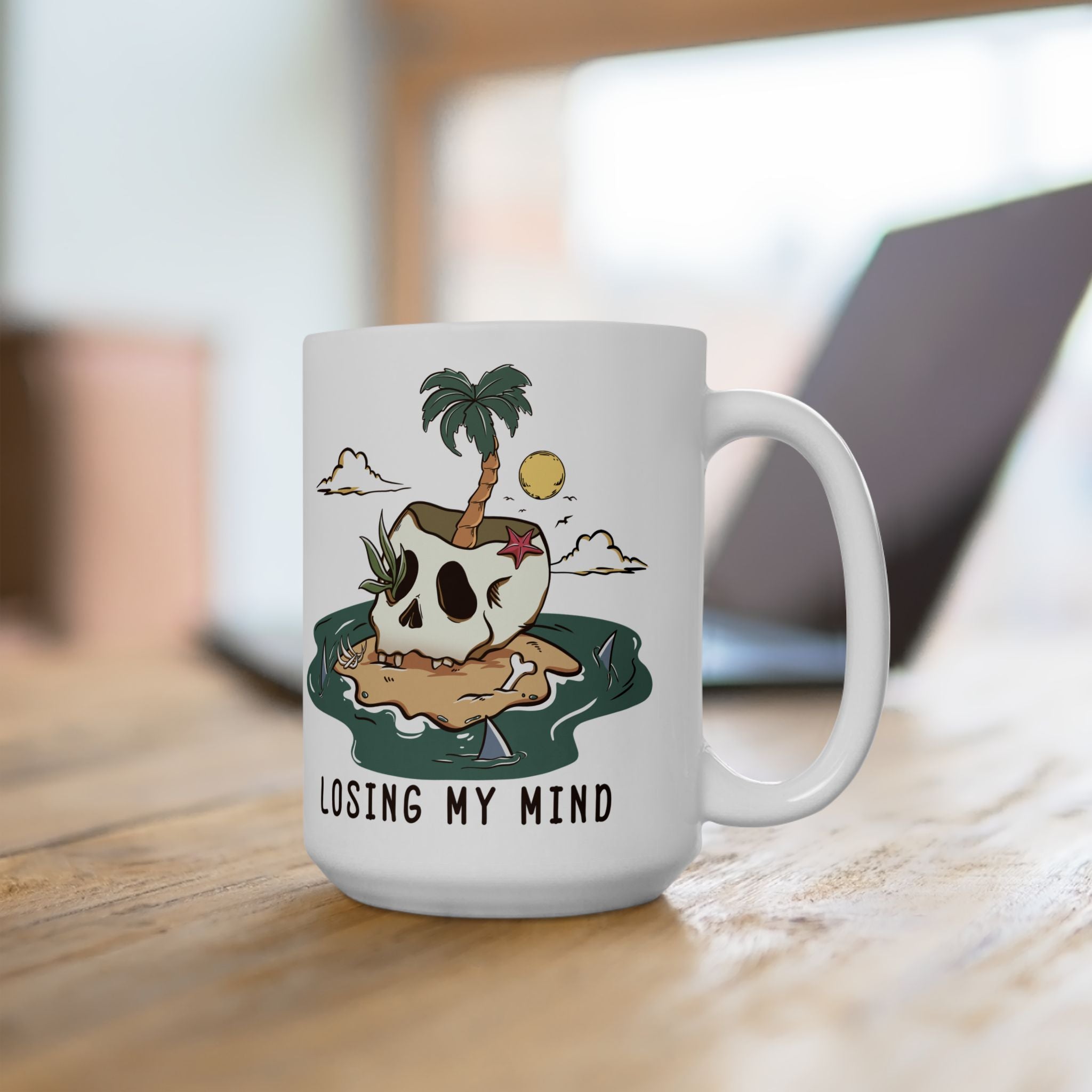 'Losing My Mind' Dark Humor Skeleton Beach Themed Coffee Mug (11oz, 15oz)