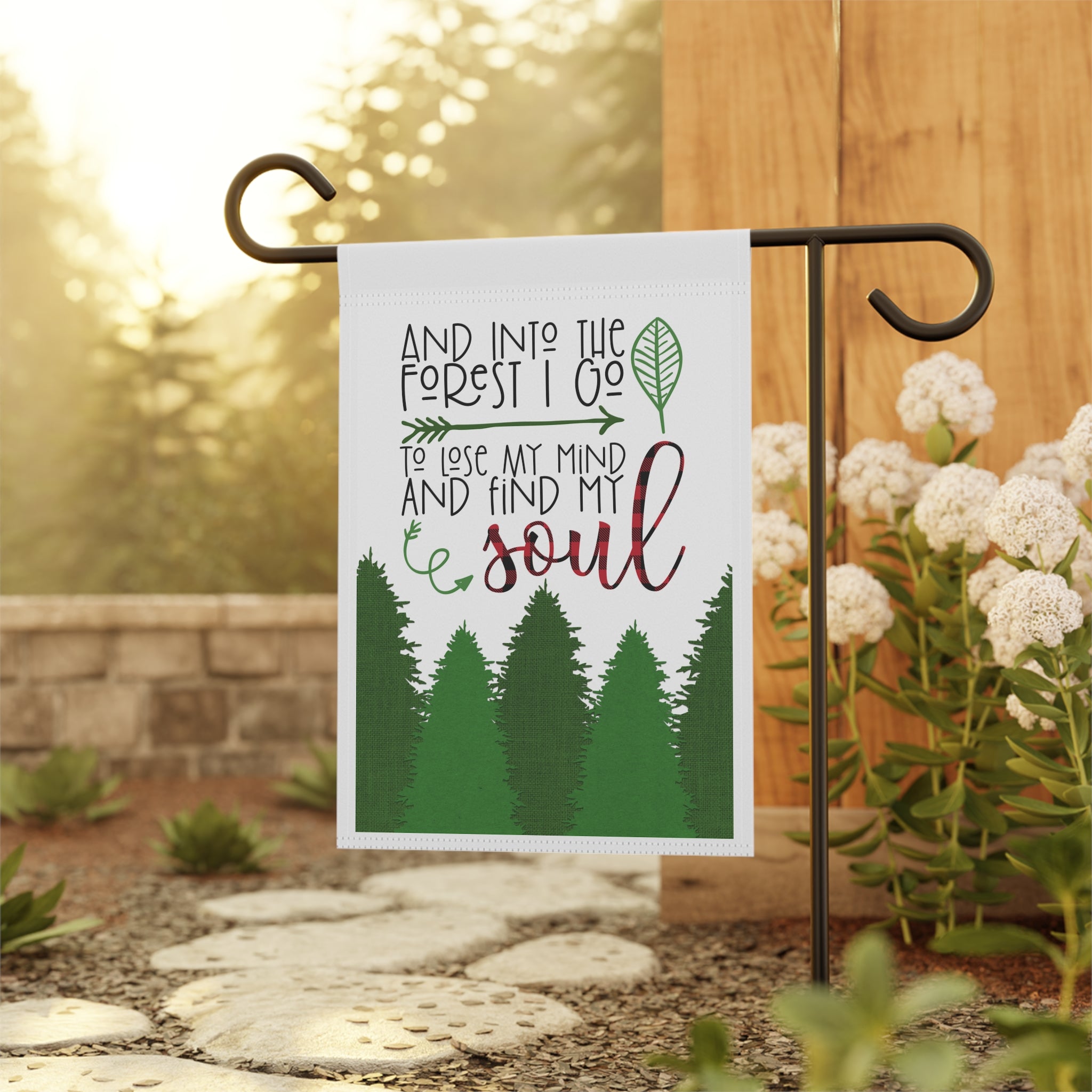 Into The Forest I Go Garden Flag 12x18 – Outdoor Adventure Plaid Yard Decor