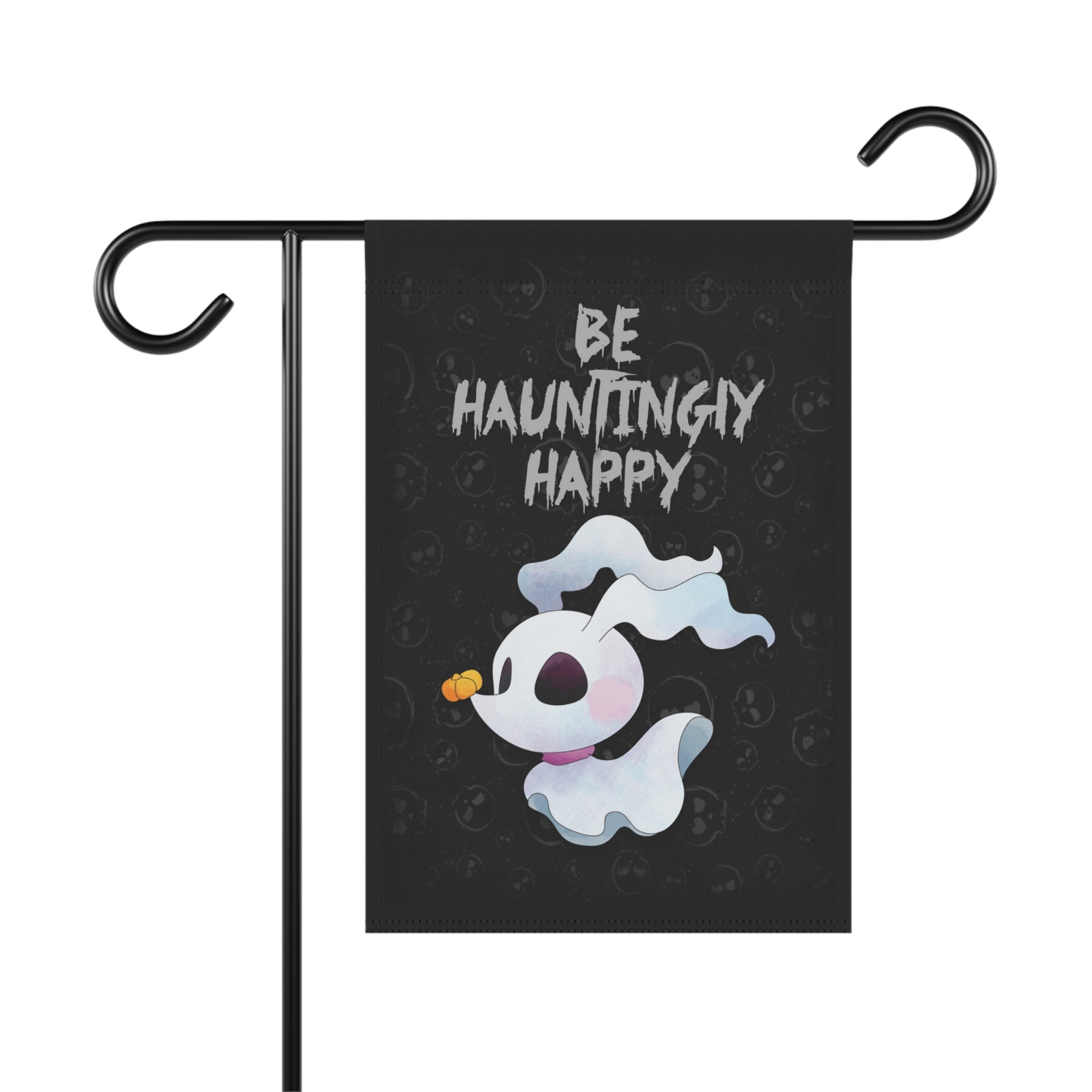 Be Hauntingly Happy spooky cute ghost dog garden flag for Halloween Christmas crossover