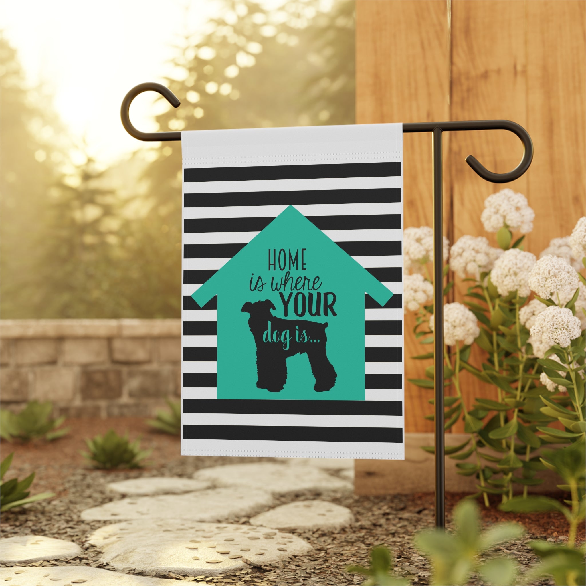 Sweet Terrier dog garden flag displayed outdoors on a porch flag stand