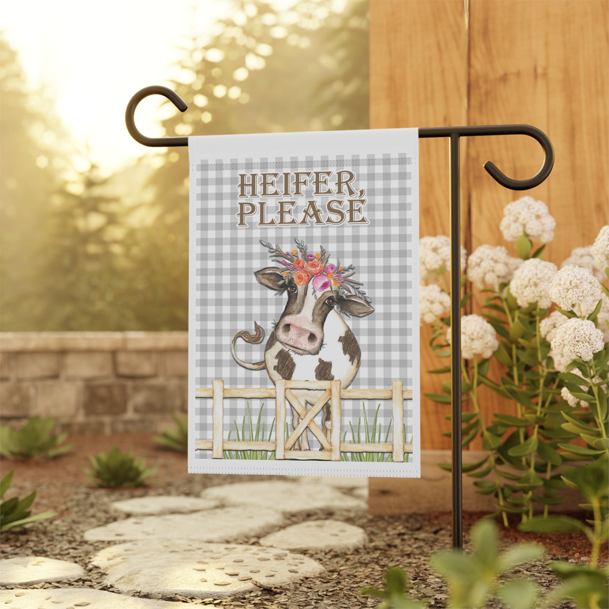 Sassy Heifer Please cow garden flag displayed outdoors on a porch flag stand